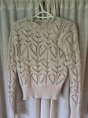RIHOAS Open-Knit Heart Lace Crewneck Sweater - Beige
